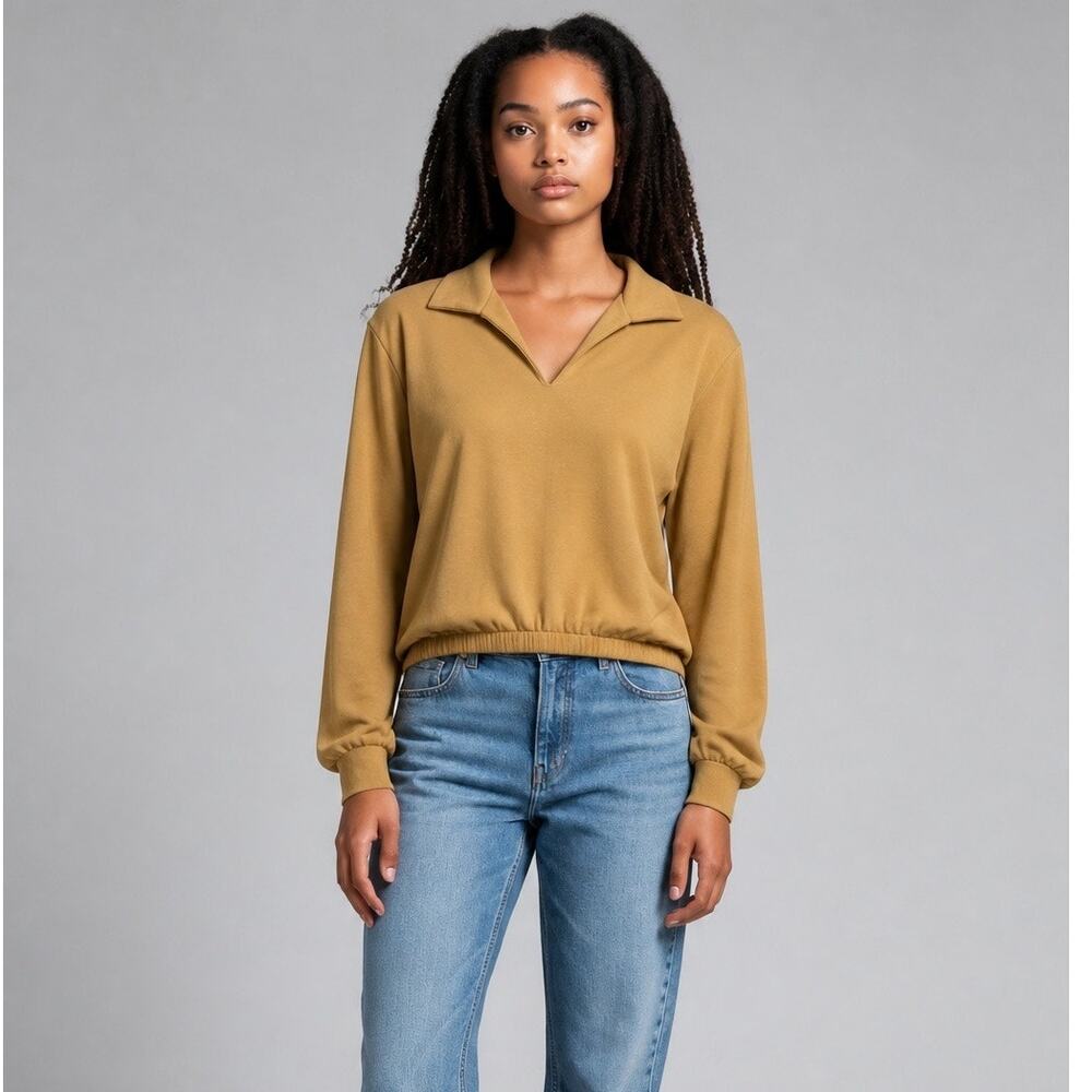 AYR The Court Side Polo Sweatshirt Biscuit Tan Long Sleeve Collared Size Small